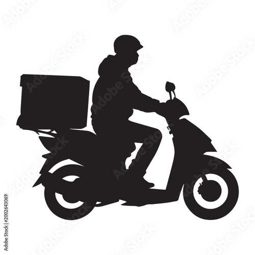 Silhouette of Delivery Rider on Scooter with Cargo Box for Fast Delivery Service