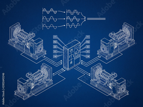 Data center generator synchronization logic and industrial multi genset orchestration for predictive grid resilience blueprint cyanotype illustration no text