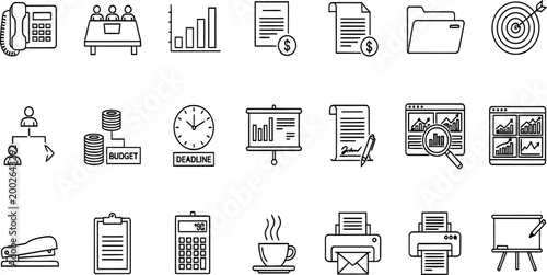 Business administration and office management line icon set featuring professional paperwork and financial planning symbols
