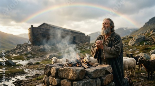 Noah kneeling at a stone altar near ark under rainbow