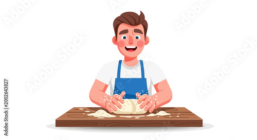 Cartoon man wearing blue apron kneading.