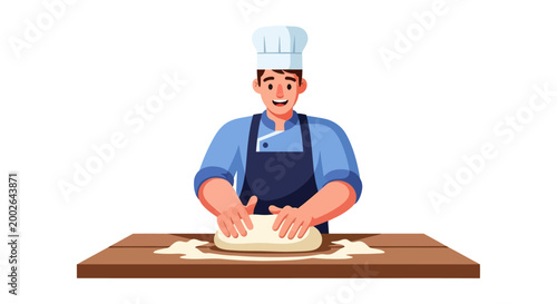 Man wearing apron making dough.