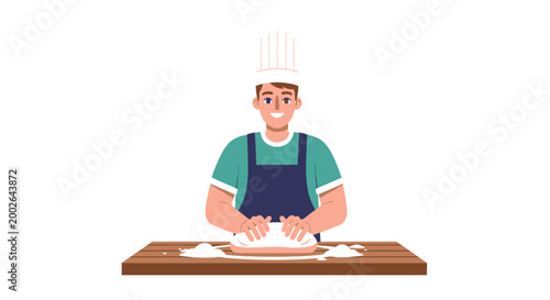 Man wearing apron cutting dough.