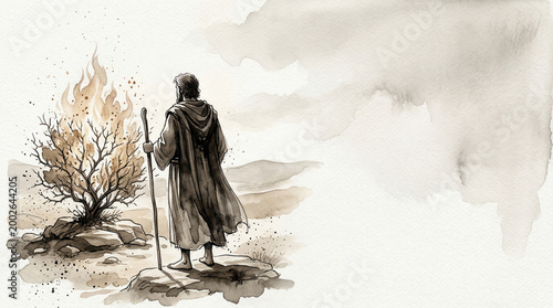 Moses with staff watching burning bush