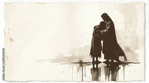 Silhouette of Jesus and man embracing on paper