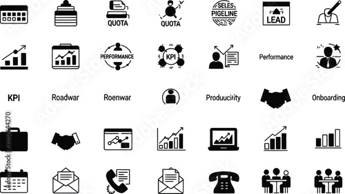 Professional black line icon set for business performance metrics featuring data analysis corporate workflow strategy kpi tracking financial growth and partnership symbols