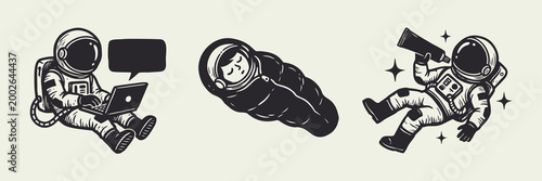 Astronaut character illustrations working on laptop sleeping and eating space food