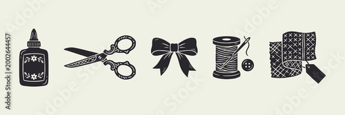Set of vintage hand drawn sewing and crafting icons including scissors thread and glue