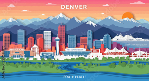 Denver city skyline view with mountains and park in flat vector style