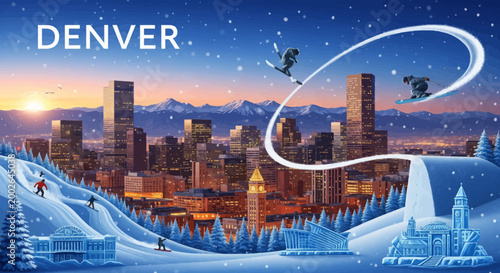 Denver Colorado city skyline travel poster with winter snow and snowboarding