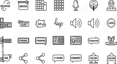 Professional black line icon set for social media marketing featuring trending post reel share subscribe live broadcast and digital engagement strategy symbols