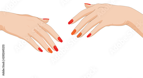 Two female hands with long manicured nails in bright red and orange reaching towards each other on minimalist white background.