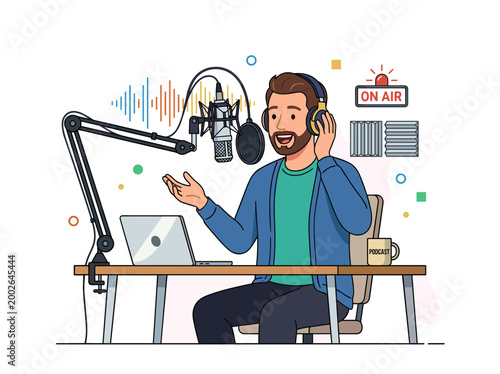 Man broadcasting live in a recording studio with microphone and laptop
