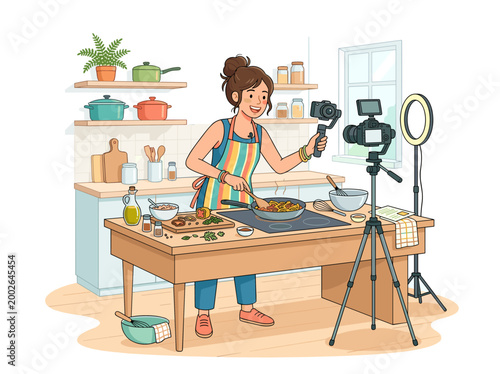 Woman cooking and filming a food vlog in a kitchen