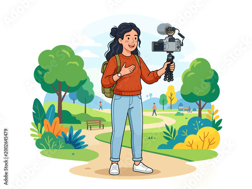 Young woman vlogging in a park with a video camera