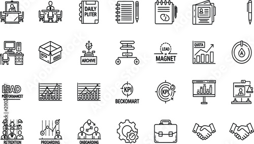 Professional black line icon set for social media marketing featuring trending post reel share subscribe live broadcast and digital engagement strategy symbols