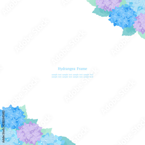 青紫の紫陽花を配した和風水彩フレーム 対角線構図 正方形背景素材