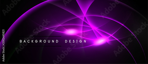 Abstract purple design features curved lines, glowing light effects. Dark background enhances vibrant color contrast, modern aesthetic.