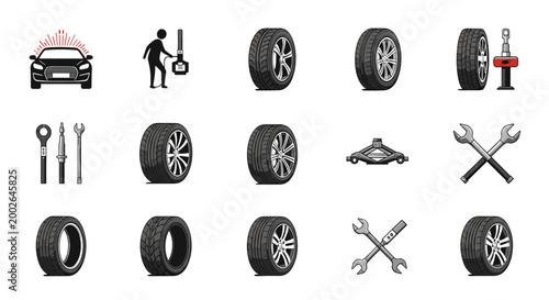 Comprehensive collection of automotive service icons featuring tires, tools like jacks and wrenches, and car repair themes.