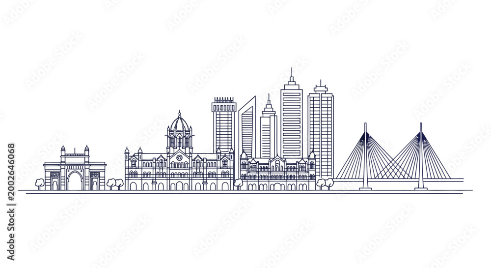 Obraz premium Mumbai city skyline illustration with Gateway of India and station landmark