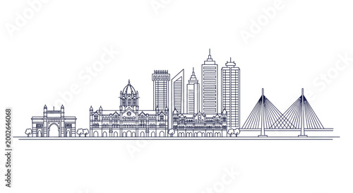 Mumbai city skyline illustration with Gateway of India and station landmark