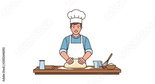 Man wearing apron and chef hat.