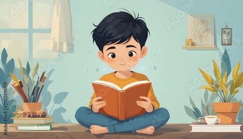 boy reading book simple flat vector illustration