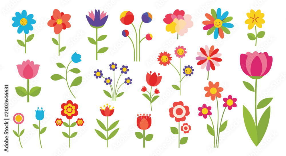 Obraz premium Diverse collection of simple and colorful cartoon flower icons with stems and leaves in various shapes and styles.