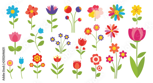 Diverse collection of simple and colorful cartoon flower icons with stems and leaves in various shapes and styles.