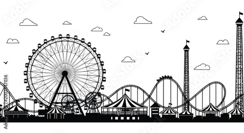 Detailed black and white panoramic silhouette of an amusement park featuring a ferris wheel and various roller coasters.