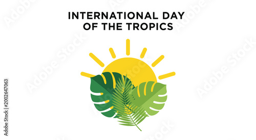 Minimalist vector illustration showing a bright summer sun and exotic green leaves for tropical day events
