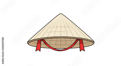 Traditional Asian conical straw hat with red ribbons often worn in countries like Vietnam, China, and Cambodia.