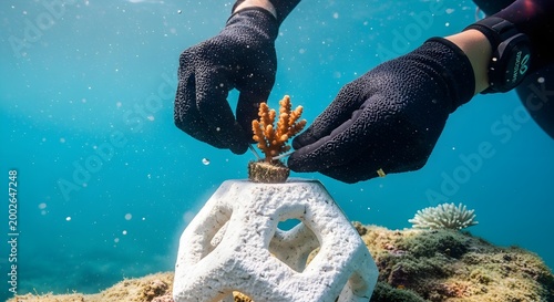 Underwater coral reef restoration with hands planting a new coral