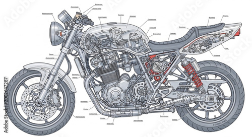 Detailed Diagram of a Motorcycle Engine and Parts.