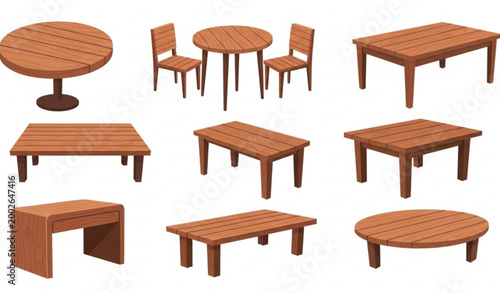 Contemporary wooden table furniture collection with rustic dining desk vector illustration