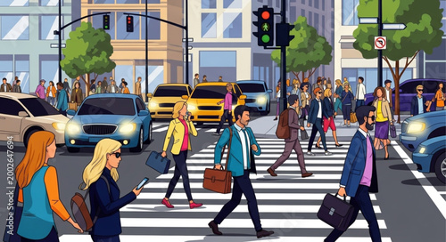Diverse group of people crossing a busy city street at a crosswalk.