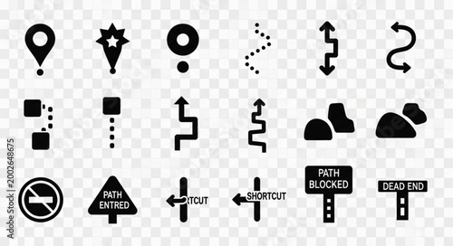 Collection of navigation and directional icons and symbols.