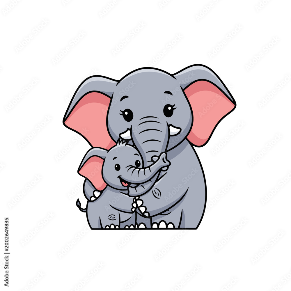 Fototapeta premium Cute cartoon mother elephant hugging her baby elephant.