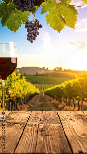 Glass of red wine overlooking vineyard at sunset
