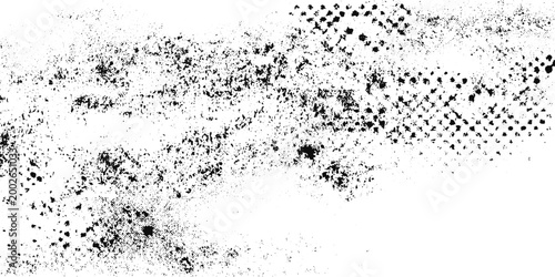 Monochromatic Abstract Background Dense Halftone Pattern Blending into Rough Grunge Texture and Ink Smudges for Creative Project Use.