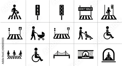 Collection of pedestrian crossing and traffic signal icons.