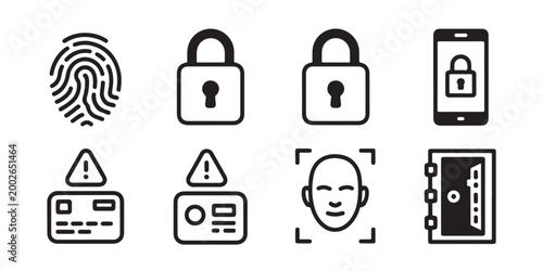 Cybersecurity and access control icons with fingerprint, locks, credit card, face scan, safe
