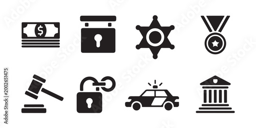 Law and order symbols featuring money, security, justice, police, and government building