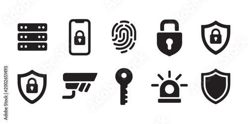 Cctv surveillance and digital security system icons featuring shield lock and biometric sensors