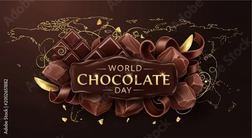 World chocolate day luxury banner with dark chocolate pieces and swirls