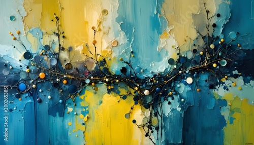 Abstract acrylic painting with bold colors flowing and dynamic expressive brush strokes