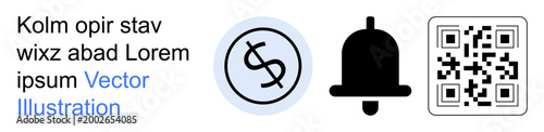 Digital communication, mobile payments, notifications, scanning, security updates, financial services. Black bell, dollar sign in circle and QR code. Digital communication and mobile payments