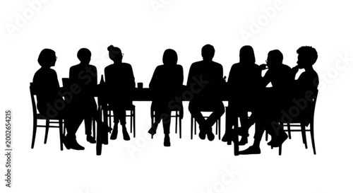 Silhouette people meeting around a table isolated on transparent background, Vector