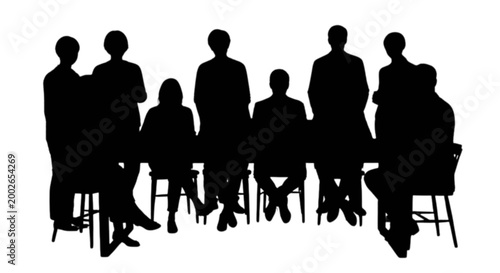 Silhouettes of people sitting in a row isolated on transparent background, Vector