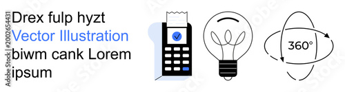 Retail technology, innovation, creativity, payment systems, idea development, user experience. Cash register with receipt, lightbulb and 360-degree rotation icon. Retail technology and innovation